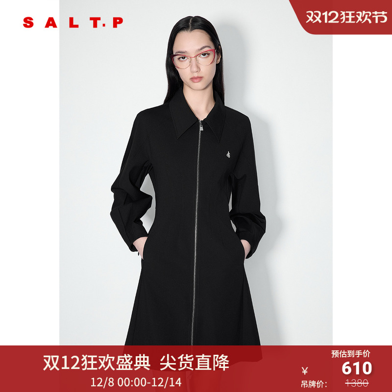 SALT.P可颜简约翻领收腰显瘦黑色酷飒机能风连衣裙2024秋