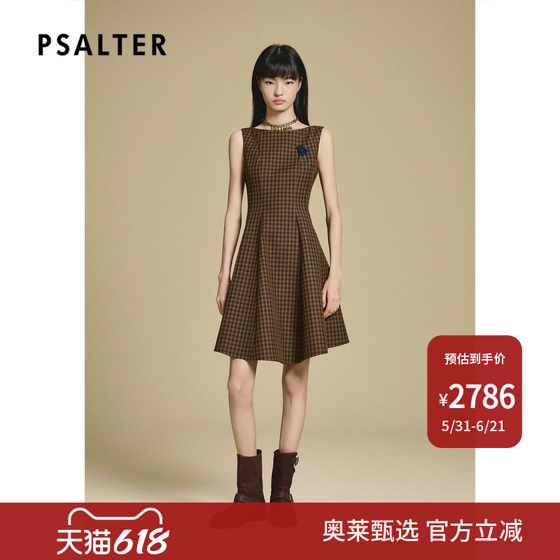 PSALTER诗篇时尚一字领无袖格纹复古优雅羊毛连衣裙2025冬款