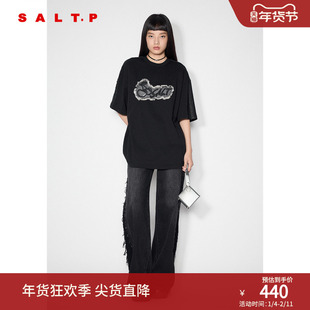 SALT.P可颜2025年春夏新款黑色重磅纯棉圆领T恤女宽松上衣