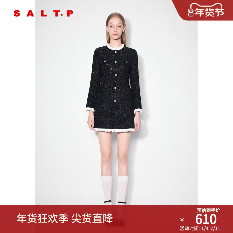 SALT.P可颜珠片粗花呢小香风荷叶边拼接千金风连衣裙冬季款,女装/女士精品,连衣裙,淘宝优惠券,粉丝福利购,淘宝优惠卷