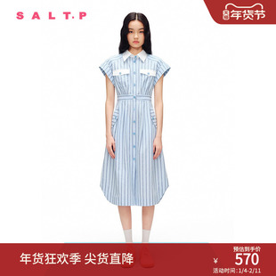 SALT.P可颜撞色翻领高腰学院风条纹衬衫裙连衣裙2024夏