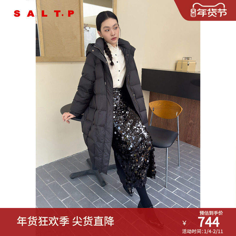 SALT.P可颜高克重白鸭绒高密盐缩直充连帽长款羽绒服2024冬