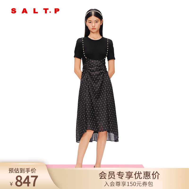SALT.P可颜针织假两件珍珠链条吊带波点裙连衣裙2024夏款