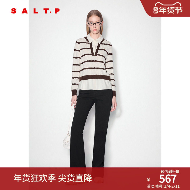 SALT.P可颜衬衫假两件复古学院咖啡条纹撞色毛针织衫2024冬,女装/女士精品,毛针织衫,淘宝优惠券,粉丝福利购,淘宝优惠卷