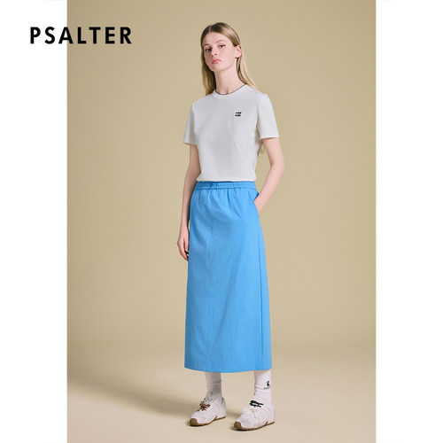 PSALTER诗篇湖蓝微皱四面弹松紧腰工装风半身裙2025夏款