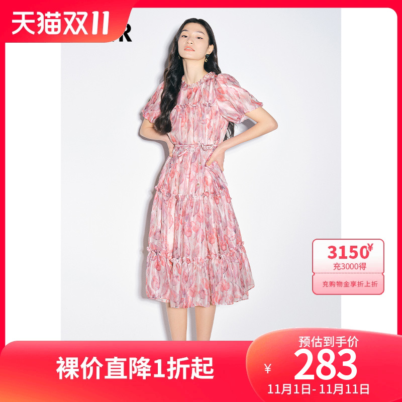 诗篇可颜女装2022夏季新款宽松系带收腰显瘦印花雪纺连衣裙