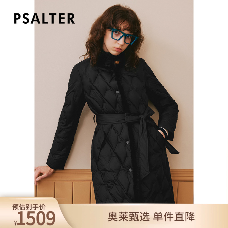 诗篇专选冬水貂毛领系带中长款格纹鹅绒服羽绒服