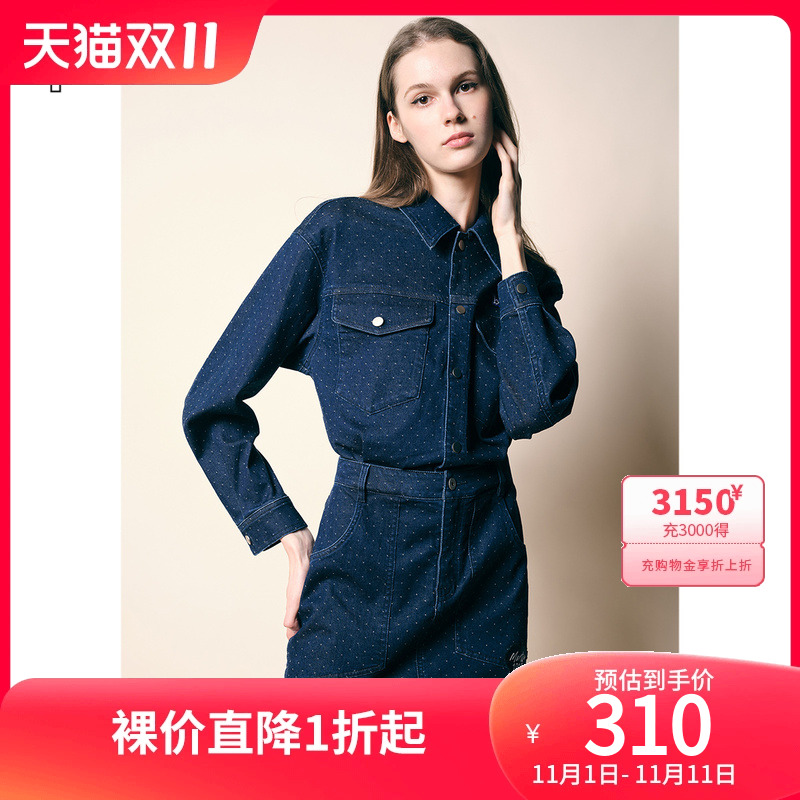 [丹宁系列]诗篇可颜女装2022秋宽松翻领收腰显瘦波点牛仔裙连衣裙