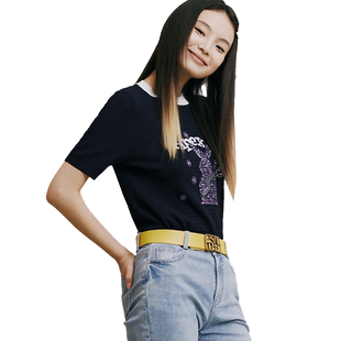 诗篇专选夏圆领减龄学院风兔子珠片绣花短袖毛针织衫