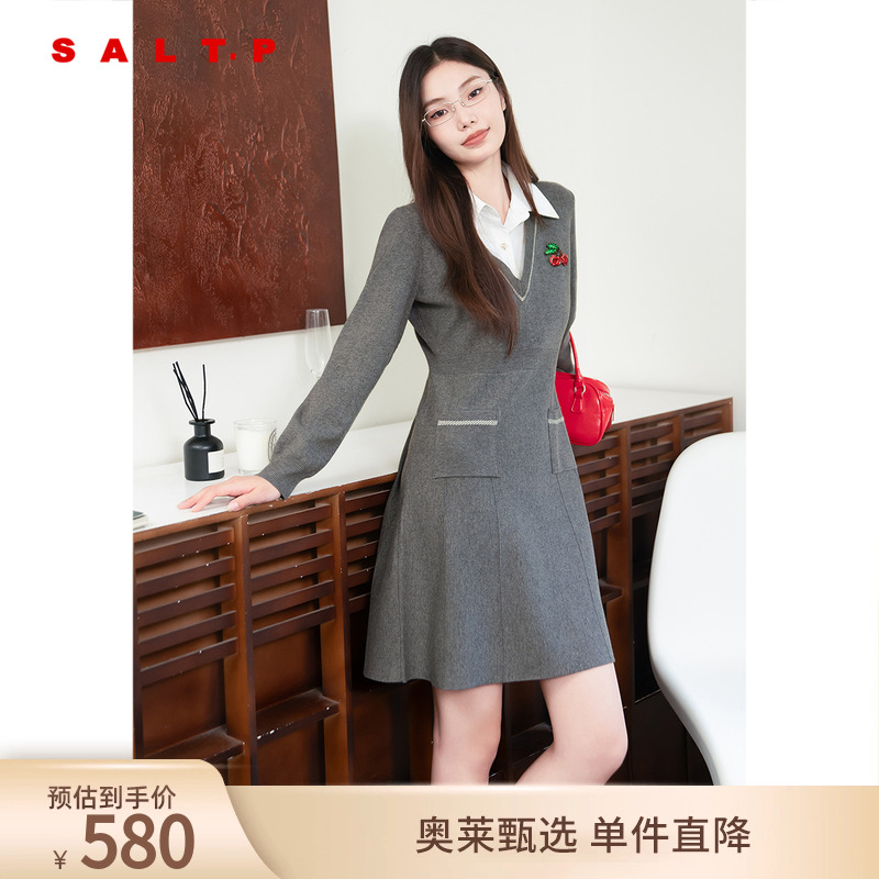 [樱桃可可]SALT.P可颜衬衫翻领假两件学院刺绣针织裙连衣裙2024秋
