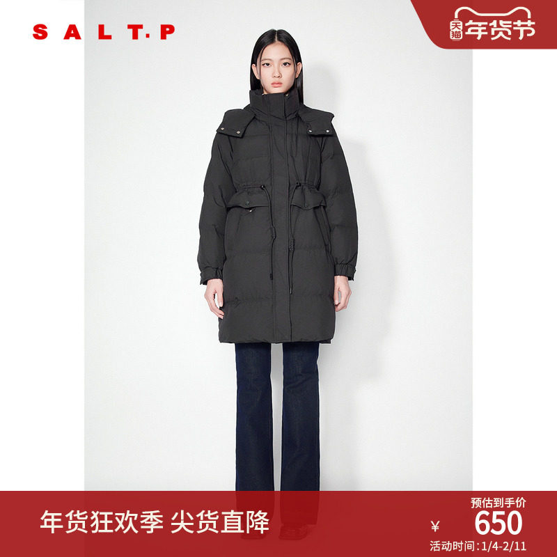 SALT.P可颜简约百搭抽绳收腰中长款连帽白鸭绒羽绒服2024冬