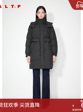 SALT.P可颜简约百搭抽绳收腰中长款连帽白鸭绒羽绒服2024冬