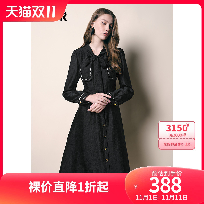 [小香系列]诗篇可颜女装2022秋季宽松系带v领收腰小黑裙连衣裙
