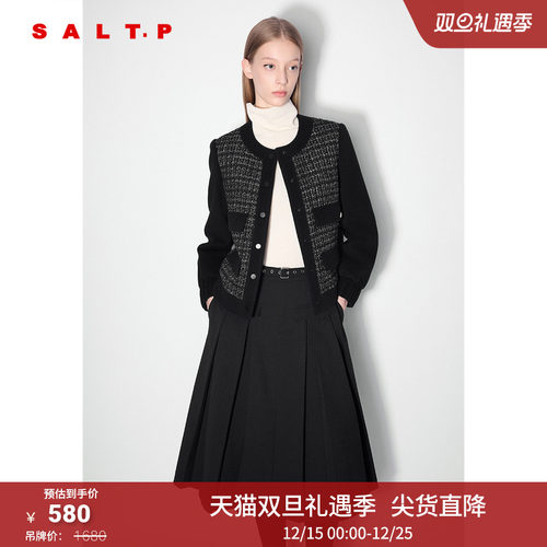 SALT.P可颜肌理感花纱拼接毛呢复古小香风羊毛外套棉服2024冬