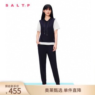 SALT.P可颜撞色拼接学院运动风短袖 连帽卫衣针织衫 夏款