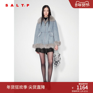 SALT.P可颜狐狸毛领拼接白鸭绒加厚牛仔派克服皮草2024冬