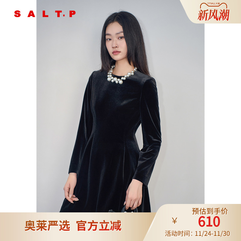 SALT.P可颜可拆卸珍珠圆领修身千金风光泽感丝绒连衣裙冬款