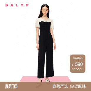 黑白撞色拼接收腰阔腿连体裤 SALT.P可颜圆领泡泡袖 夏 醋酸