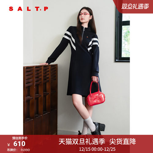 SALT.P可颜肌理感针织撞色条纹学院运动风卫衣裙连衣裙秋