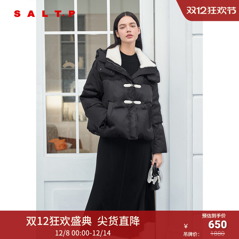 SALT.P可颜羊毛翻领减龄撞色皮扣短款白鸭绒连帽羽绒服2024冬