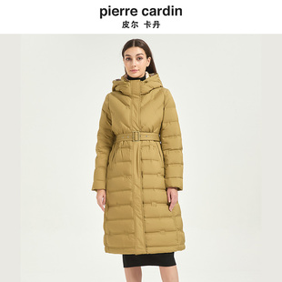 皮尔卡丹女冬季新中长款连帽白鸭绒系带收腰羽绒服女CD54YL010