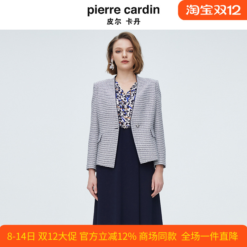 皮尔卡丹女装上衣千鸟格一粒扣大V领直筒西服女外套P4110U4042N3
