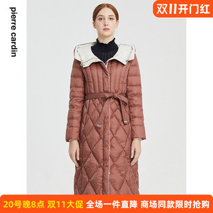 商场同款皮尔卡丹女装时尚风琴谱绗线通勤连帽收腰羽绒服