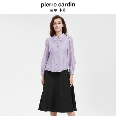 皮尔卡丹V领藏肉长袖衬衫