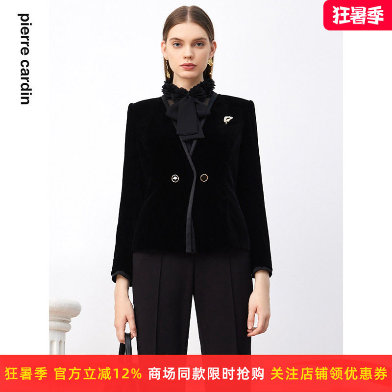 商场同款皮尔卡丹女装西装春秋丝绒花边立领日常时尚设计外套