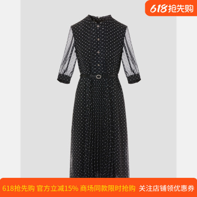 皮尔卡丹女装夏季新款黑色网纱袖中长款收腰连衣裙P52063E5063B3