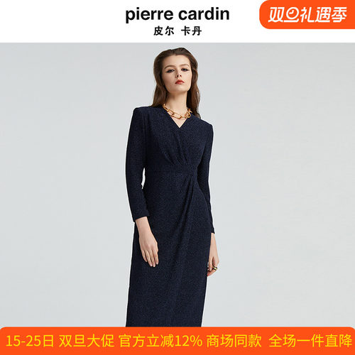 皮尔卡丹女装秋季新款长袖藏蓝色V领显瘦时尚连衣裙P4340E4996L0