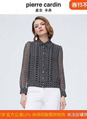 皮尔卡丹女装黑色雪纺花布碎花法式优雅透气薄衬衫P4244B4027B3