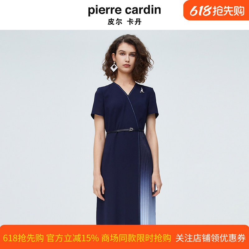 皮尔卡丹女装夏季新款时尚V领百褶拼接法式连衣裙P4213D4034N0