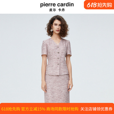 皮尔卡丹女装红花色单排扣短袖女上衣V领小外套P4245L3027R3