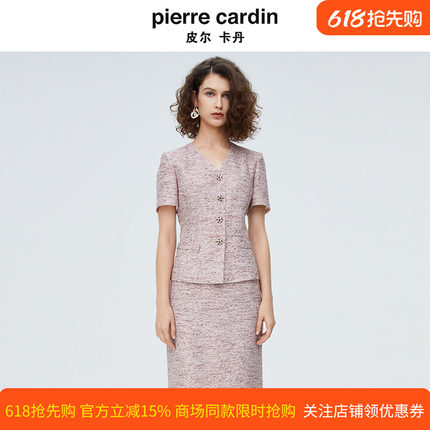 皮尔卡丹女装红花色单排扣短袖女上衣V领小外套P4245L3027R3