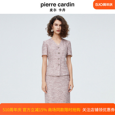 皮尔卡丹女装红花色单排扣短袖女上衣V领小外套P4245L3027R3