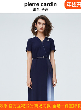 皮尔卡丹女装夏季新款时尚V领百褶拼接法式连衣裙P4213D4034N0