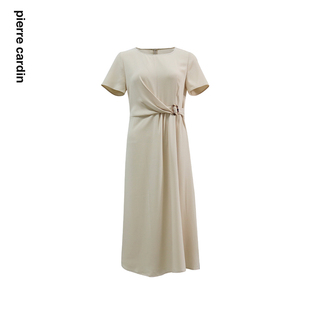 皮尔卡丹女装 优雅简约知性收腰通勤长裙C42DS27M1 连衣裙杏色短袖