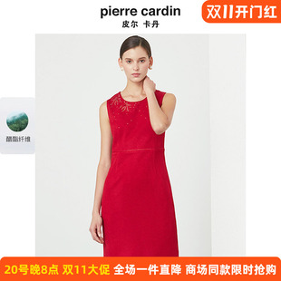 商场同款皮尔卡丹女春季新款红色无袖圆领连衣裙时尚一步裙