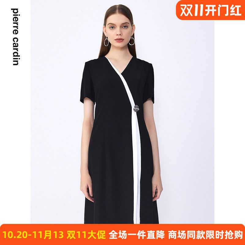 商场同款皮尔卡丹女装夏季新款通勤时尚淑女拼色连衣裙