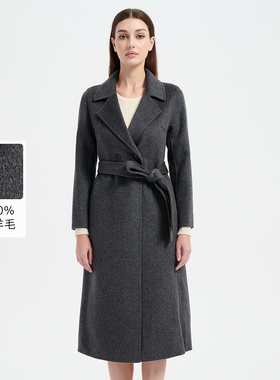 皮尔卡丹女秋冬新款深灰色中长款绵羊毛大衣毛呢外套CD54CL005H0
