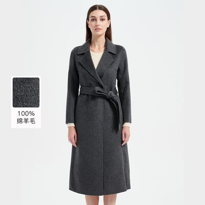 皮尔卡丹女秋冬新款深灰色中长款绵羊毛大衣毛呢外套CD54CL005H0