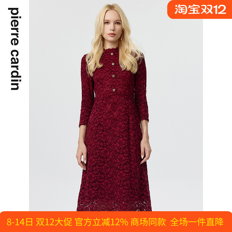商场同款皮尔卡丹女装连衣裙蕾丝酒红色花边领宴会A摆轻礼服
