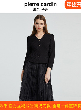 皮尔卡丹女装秋季新款V领黑色假两件长袖时尚连衣裙P4314E4980B0