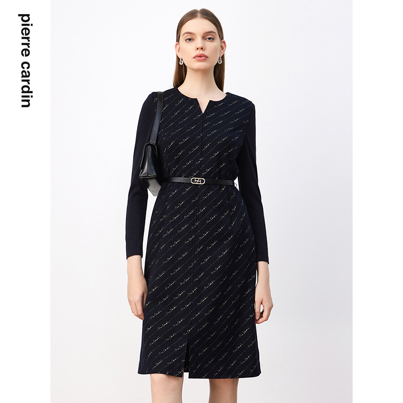 商场同款皮尔卡丹女装连衣裙藏蓝色长袖中长款稳重气质裙子