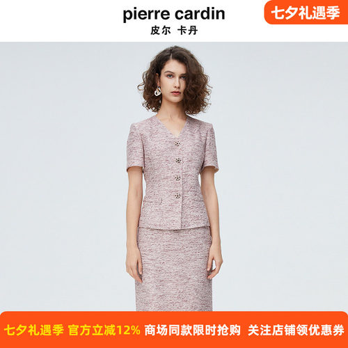 皮尔卡丹女装红花色单排扣短袖女上衣V领小外套P4245L3027R3