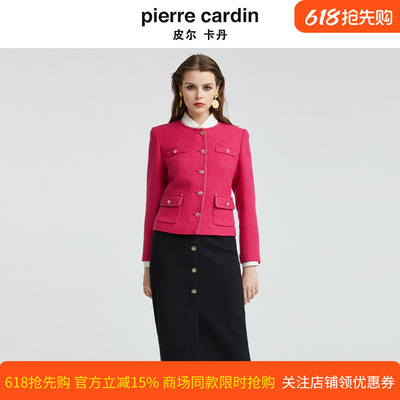 皮尔卡丹女秋冬新款红色法式小香风外套气质通勤上衣P4403U4979D0
