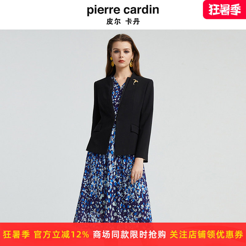 皮尔卡丹女装秋季新款纯黑色无领醋纤行政商务女西服P4332U4970B0