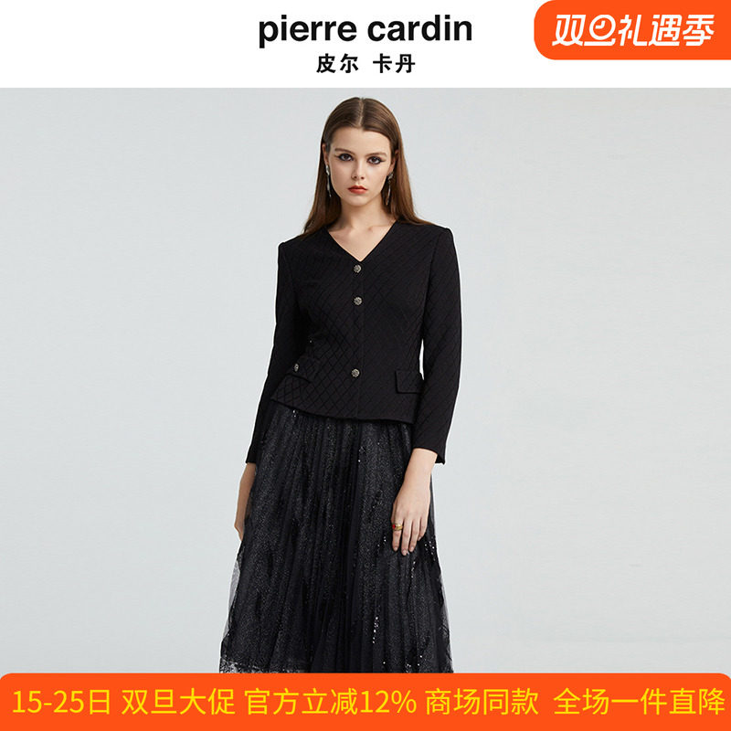 皮尔卡丹女装秋季新款V领黑色假两件长袖时尚连衣裙P4314E4980B0