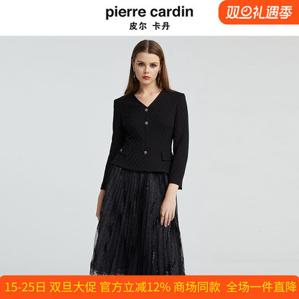 皮尔卡丹女装秋季新款V领黑色假两件长袖时尚连衣裙P4314E4980B0